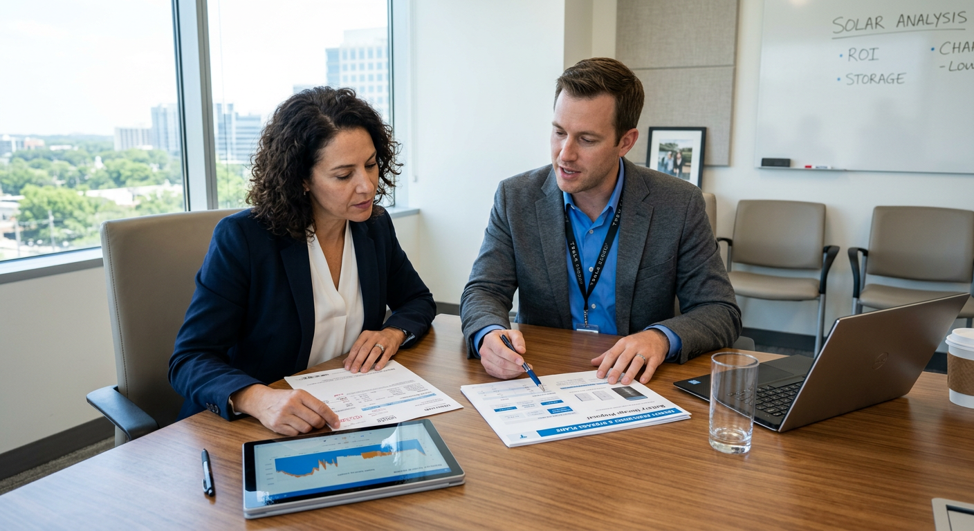 Independent Solar | Commercial Solar Battery Storage Cost: 2026 Business ROI Guide Photorealistic scene of a business owner and solar dealer reviewing utility bills and battery storage plans inside a brigh...