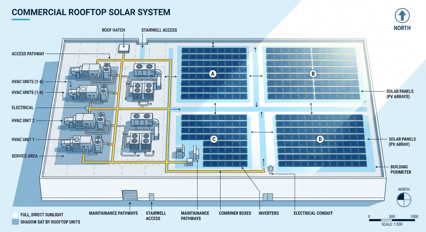 Independent Solar | Commercial Roof Mount Solar vs Ground Mount: B2B ROI Guide 2026 Modern technical illustration showing a flat commercial rooftop solar layout with HVAC units, clear access pathways, and s...