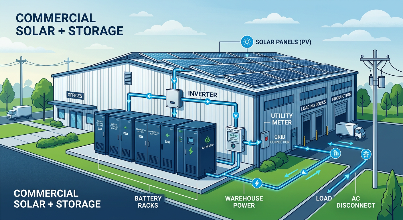 Independent Solar | Commercial Solar Battery Storage Cost: 2026 Business ROI Guide Modern illustration of a commercial solar battery storage system beside a warehouse, showing rooftop panels, battery cabin...