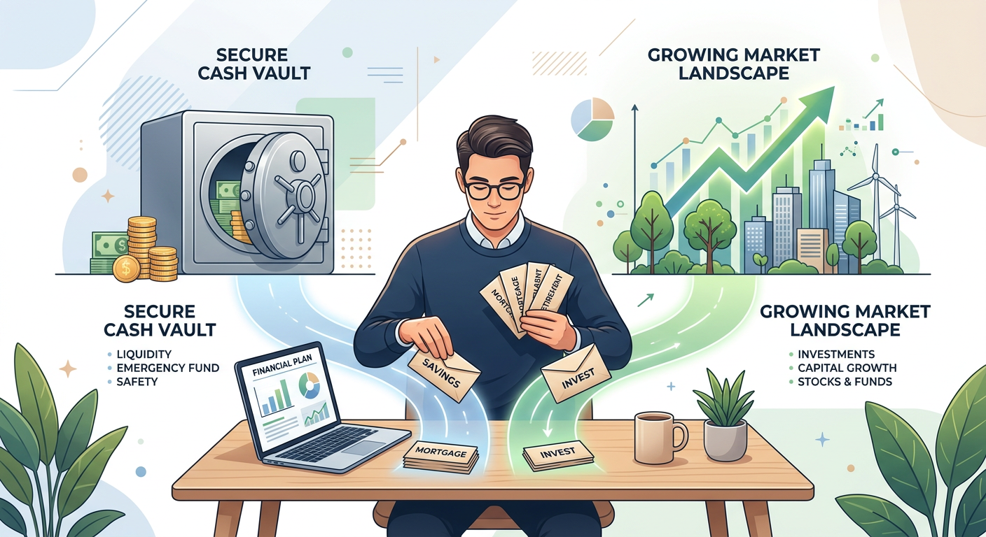 A clean modern illustration of a person placing labeled money envelopes into two paths, one leading to a secure cash vault...