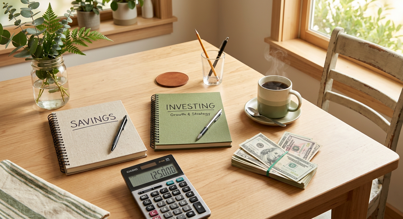 A photorealistic overhead shot of a tidy kitchen table with two notebooks labeled Savings and Investing, a calculator, cof...