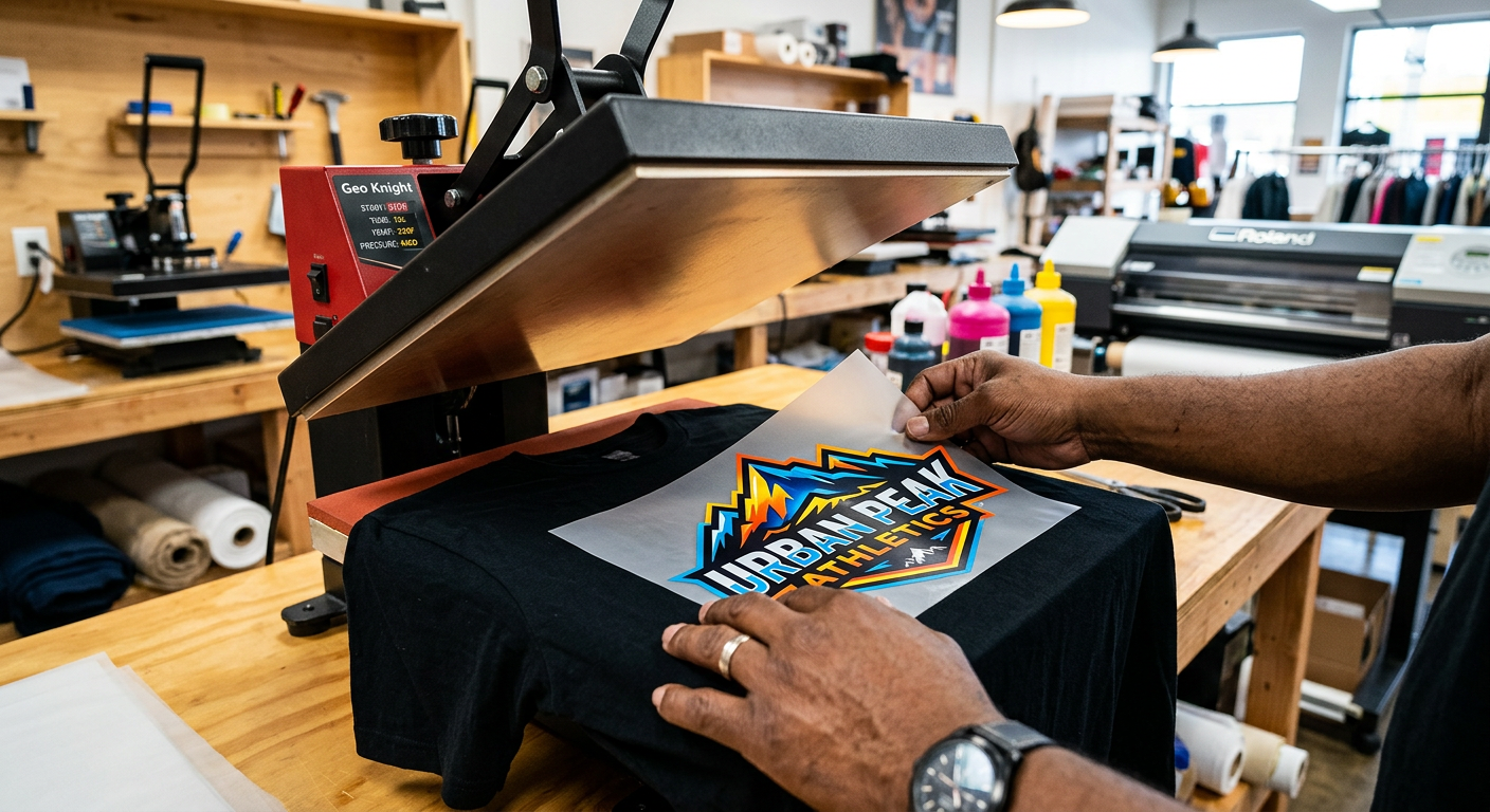 Close-up photorealistic scene of hands aligning a vivid DTF transfer on a black cotton T-shirt under a heat press, crisp i...
