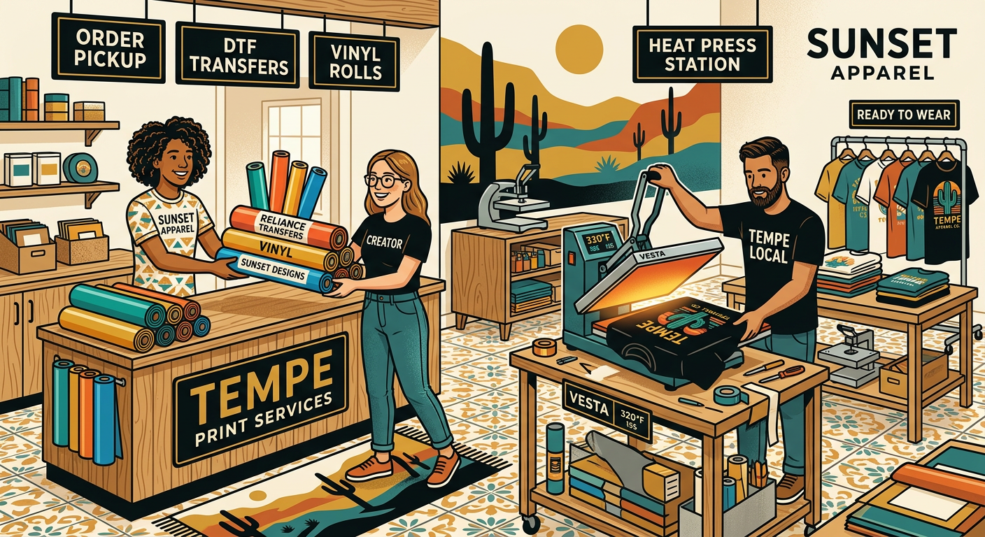 Modern illustrative workflow scene showing apparel creators picking up colorful transfer rolls from a Tempe print counter,...