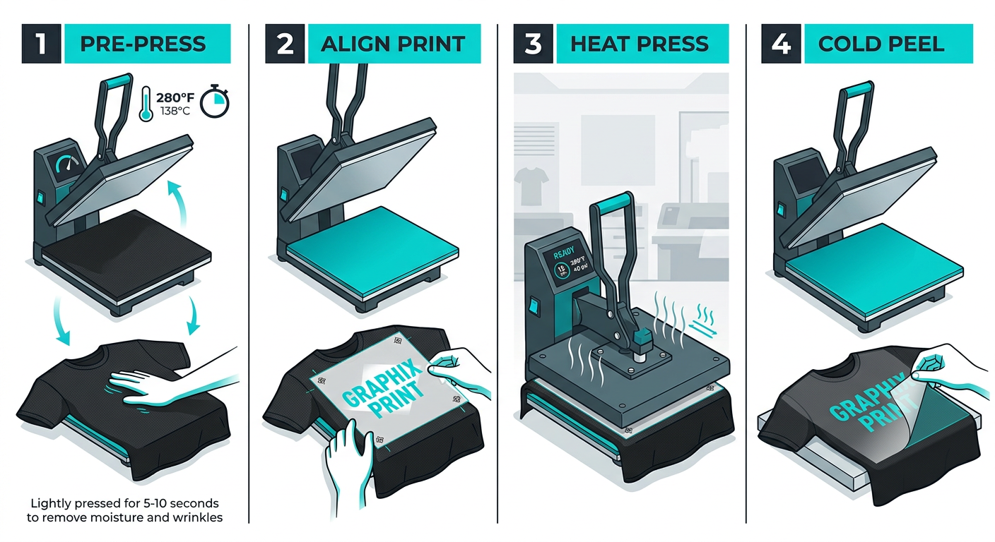 Clean modern instructional illustration showing a polyester DTF pressing workflow with four visual stages: pre-press, alig...