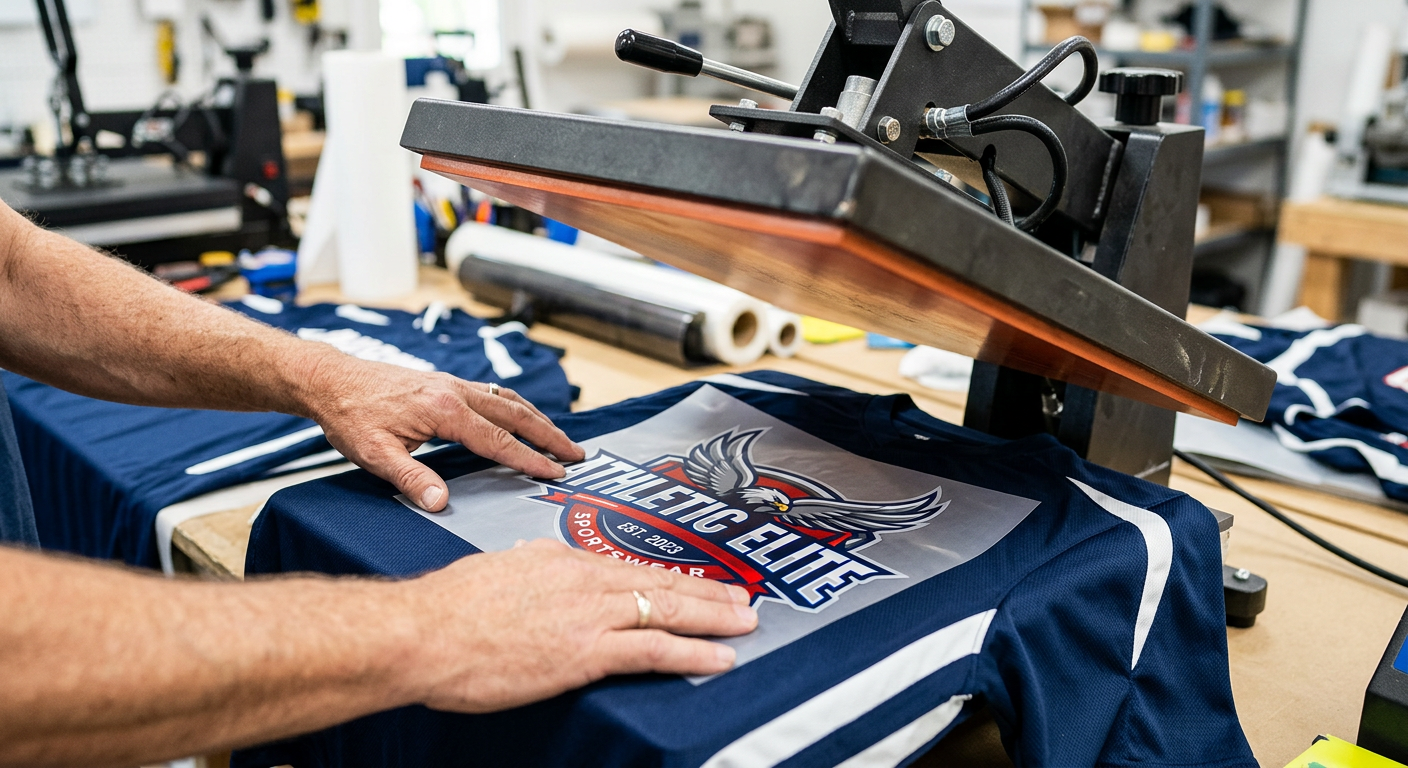 Close-up photorealistic image of hands aligning a full-color DTF transfer on a navy polyester sports jersey, heat press pl...