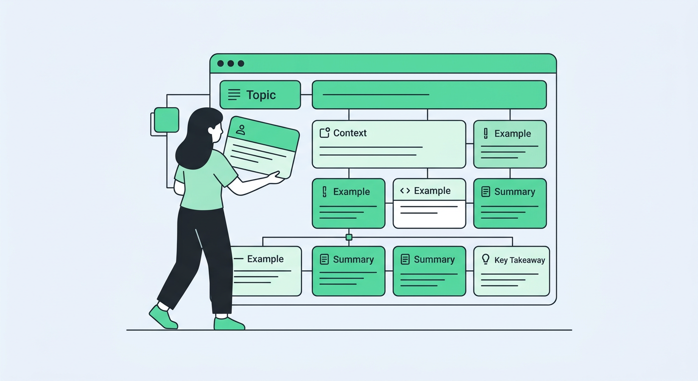 Minimal flat vector-style in-content illustration of one person arranging modular answer cards into a neat content framewo...