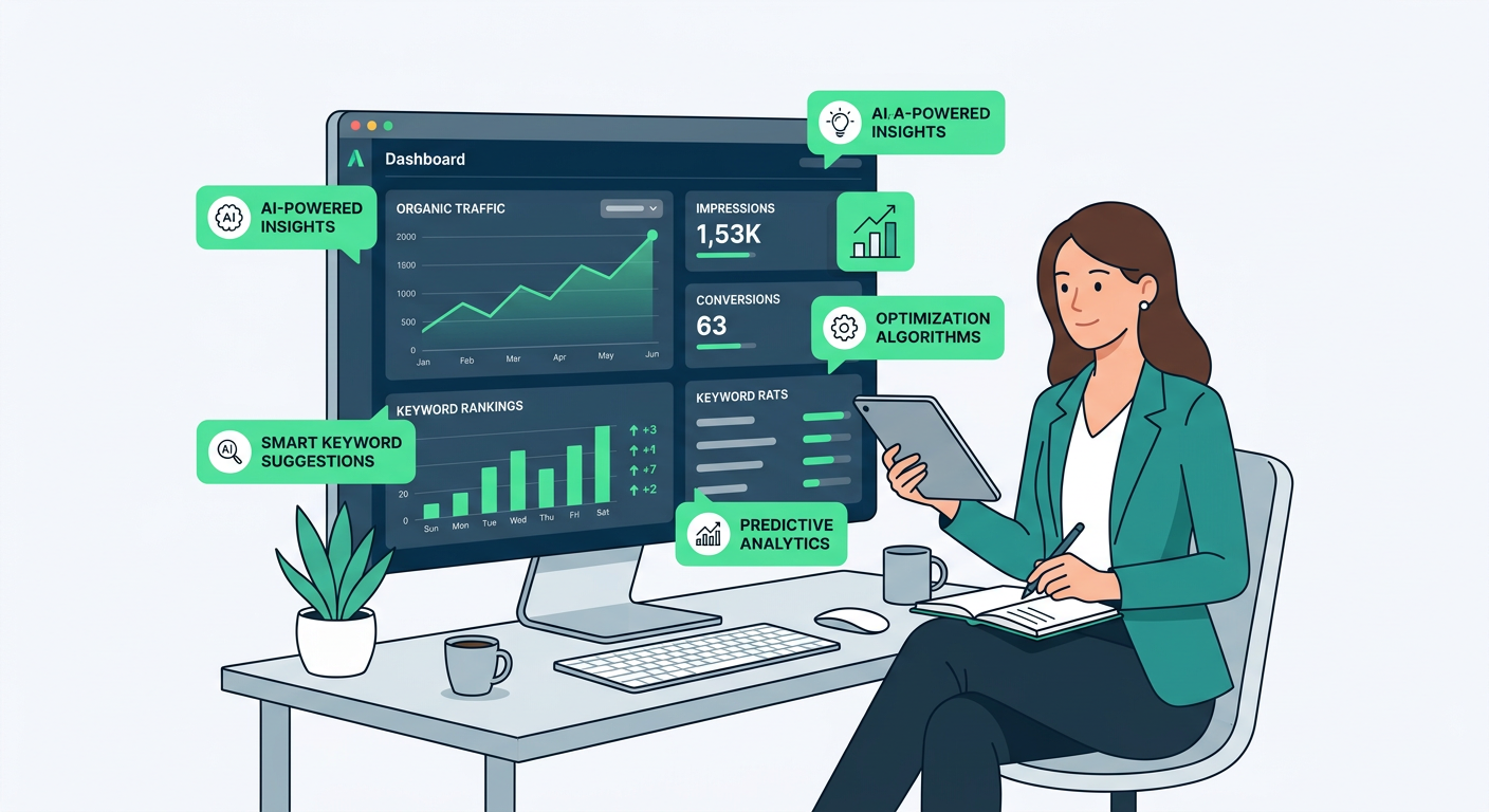 Clean flat vector illustration of one strategist reviewing a simple growth dashboard with organic rankings and AI mention ...