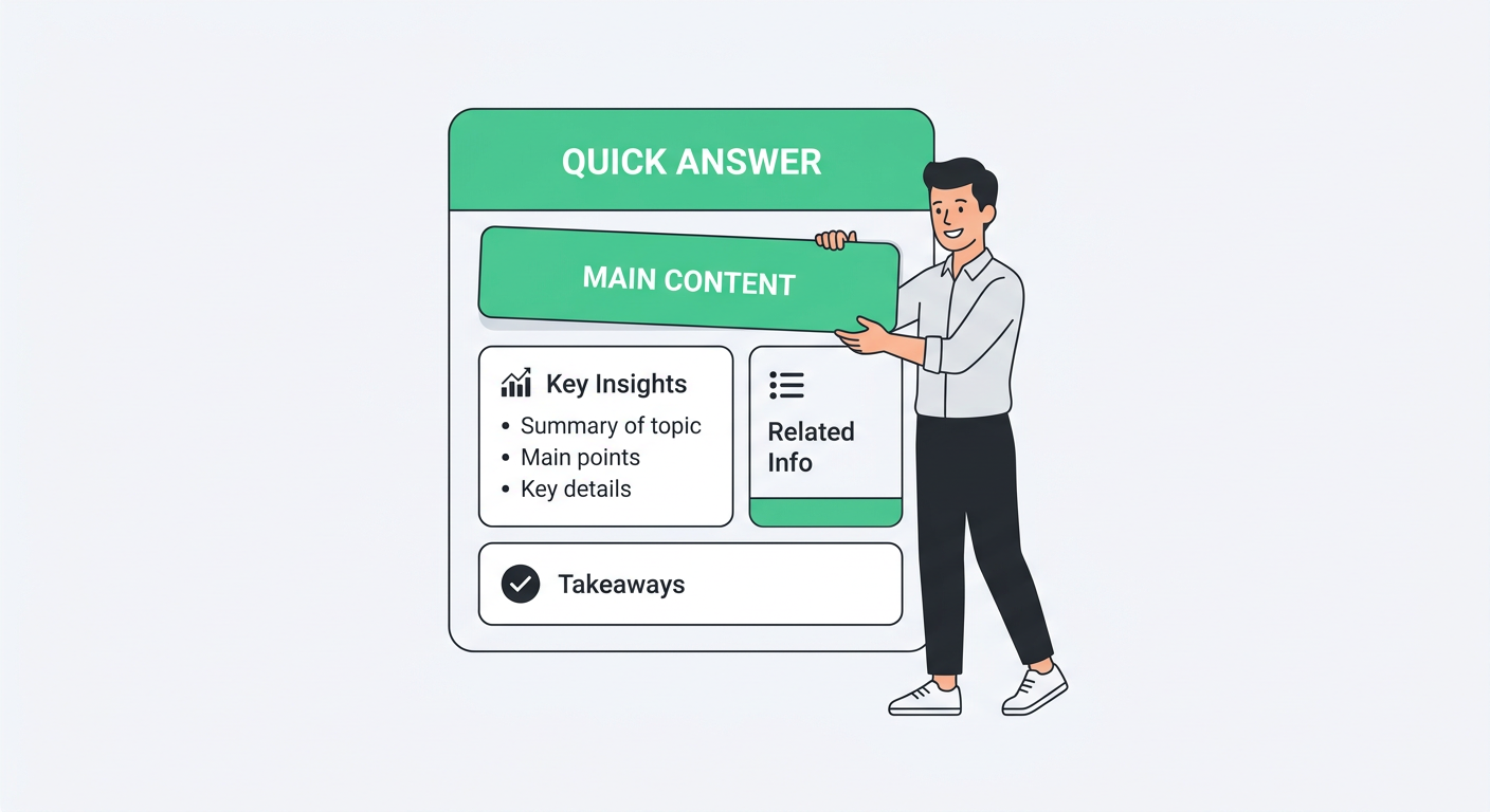 Minimal flat vector illustration of one person arranging content blocks into a clean answer card, solid #F7F8FB background...