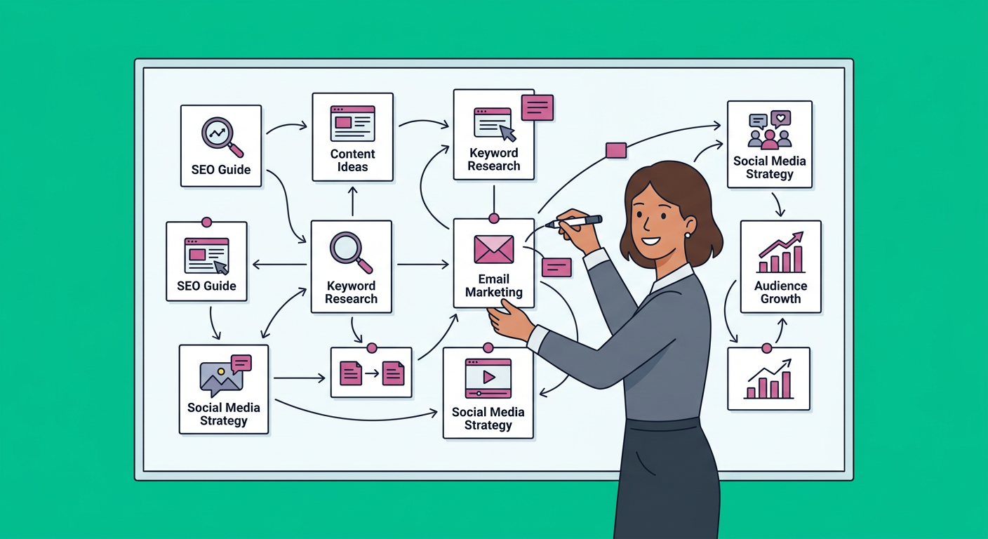Minimal flat cartoon-style in-content illustration of one person mapping blog topics on a large board with connected cards...