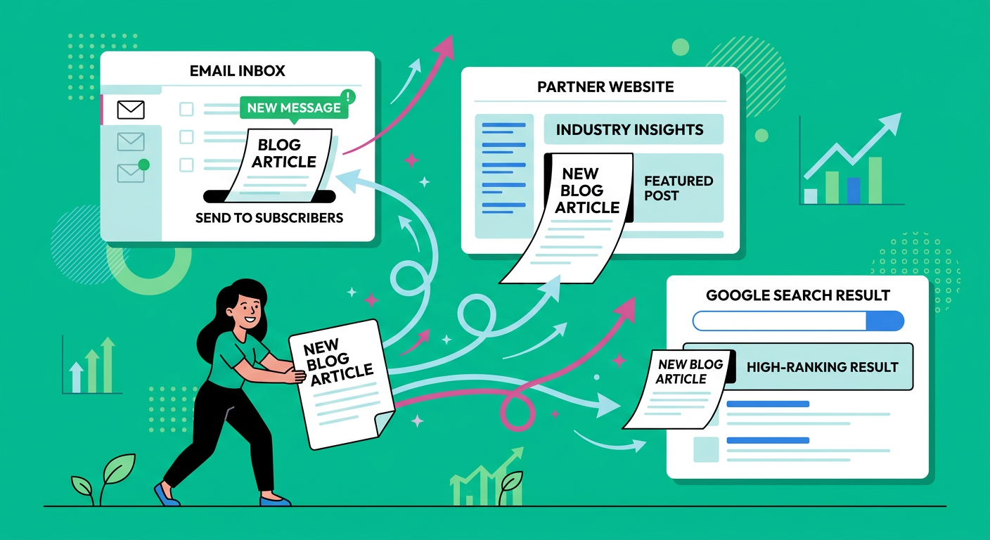 Editorial flat illustration of one marketer placing a blog article into an email inbox, partner website, and Google result...