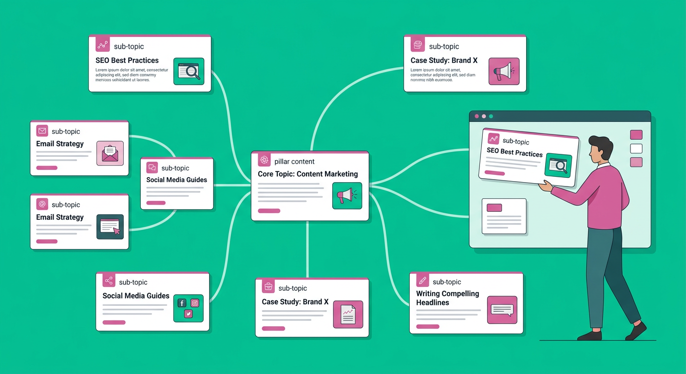 Modern in-content illustration of a clean content cluster map with blog cards connected by curved lines, one person arrang...