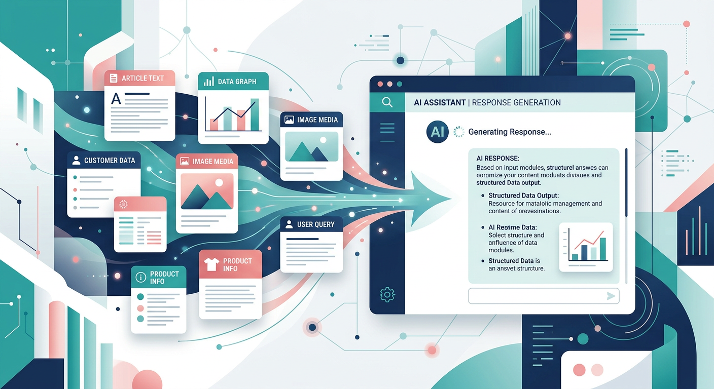 Modern in-content illustration showing modular content blocks flowing into an AI assistant response panel, clean editorial...