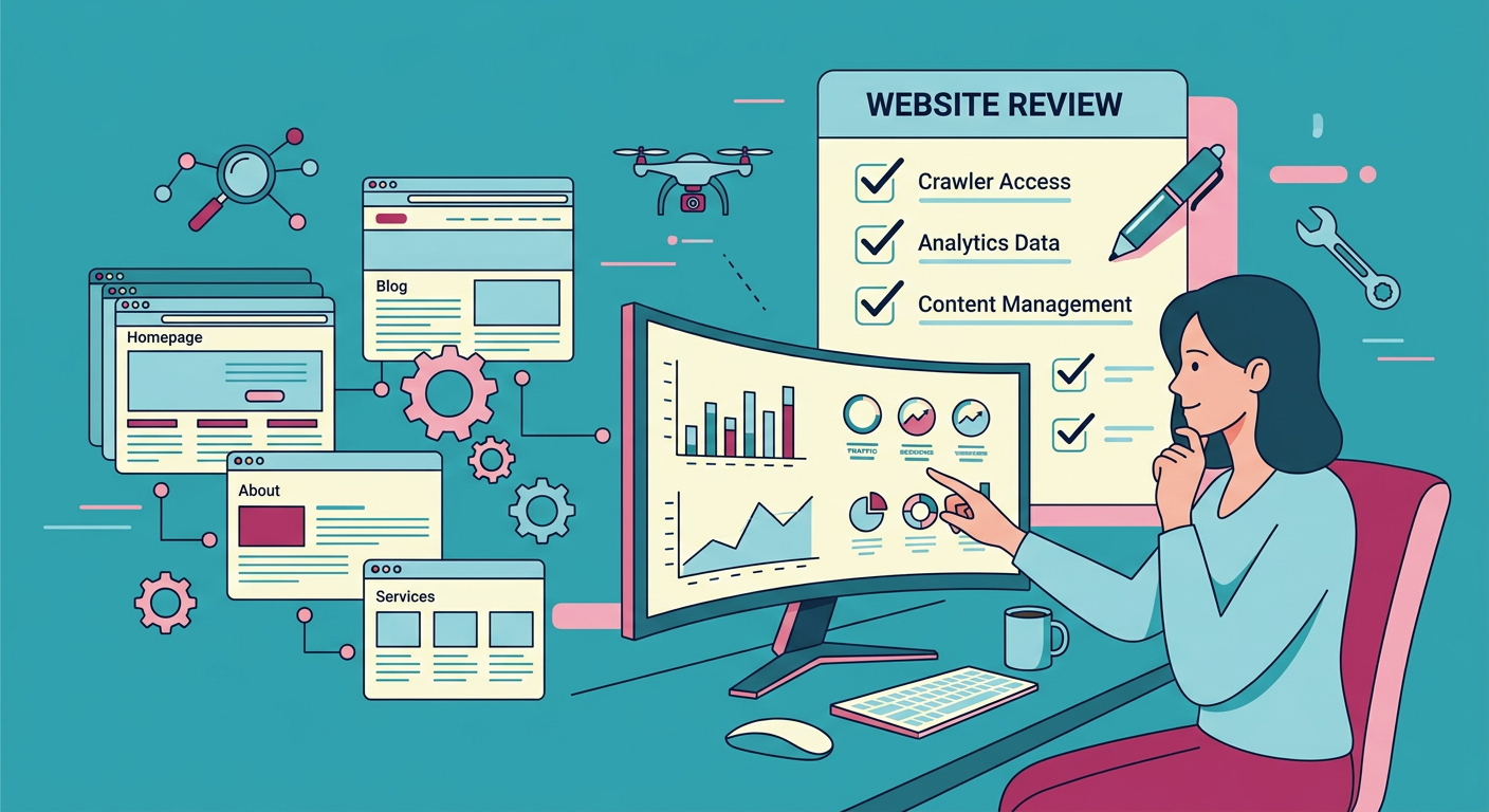 Clean checklist-style editorial illustration of one website owner reviewing crawler access, analytics charts, and connecte...