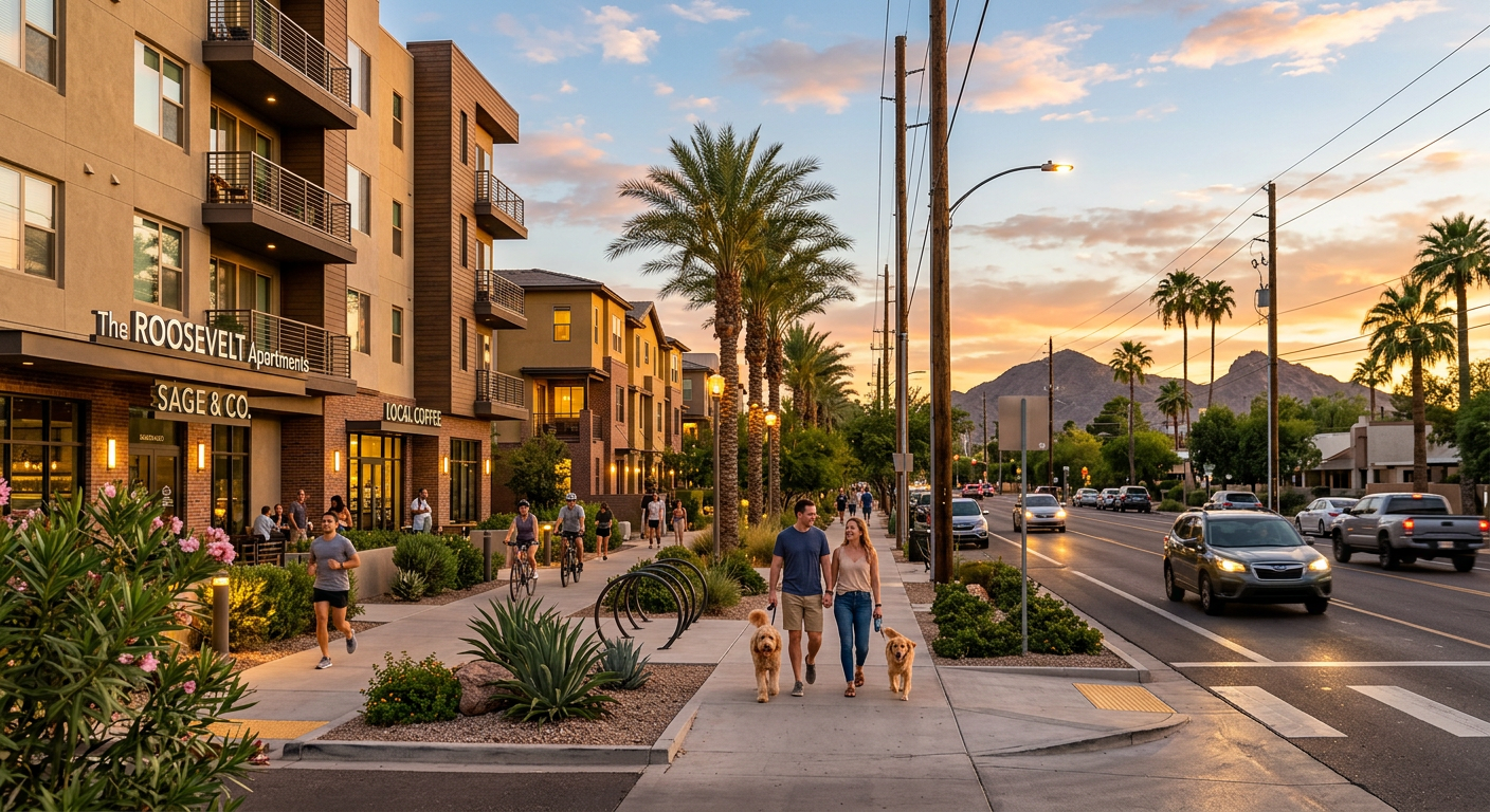 Phoenix Multifamily Market Report: 2026 Buyer Signals Ahead Photorealistic street-level view of a Phoenix mixed-use neighborhood with apartments, townhomes, palm trees, sidewalks, an...