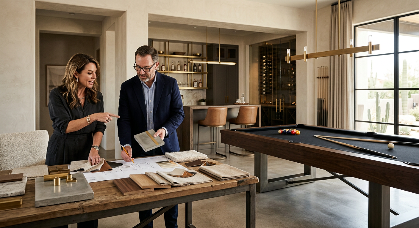 Interior design planning scene for a Scottsdale luxury game room, architect and homeowner reviewing material samples besid...