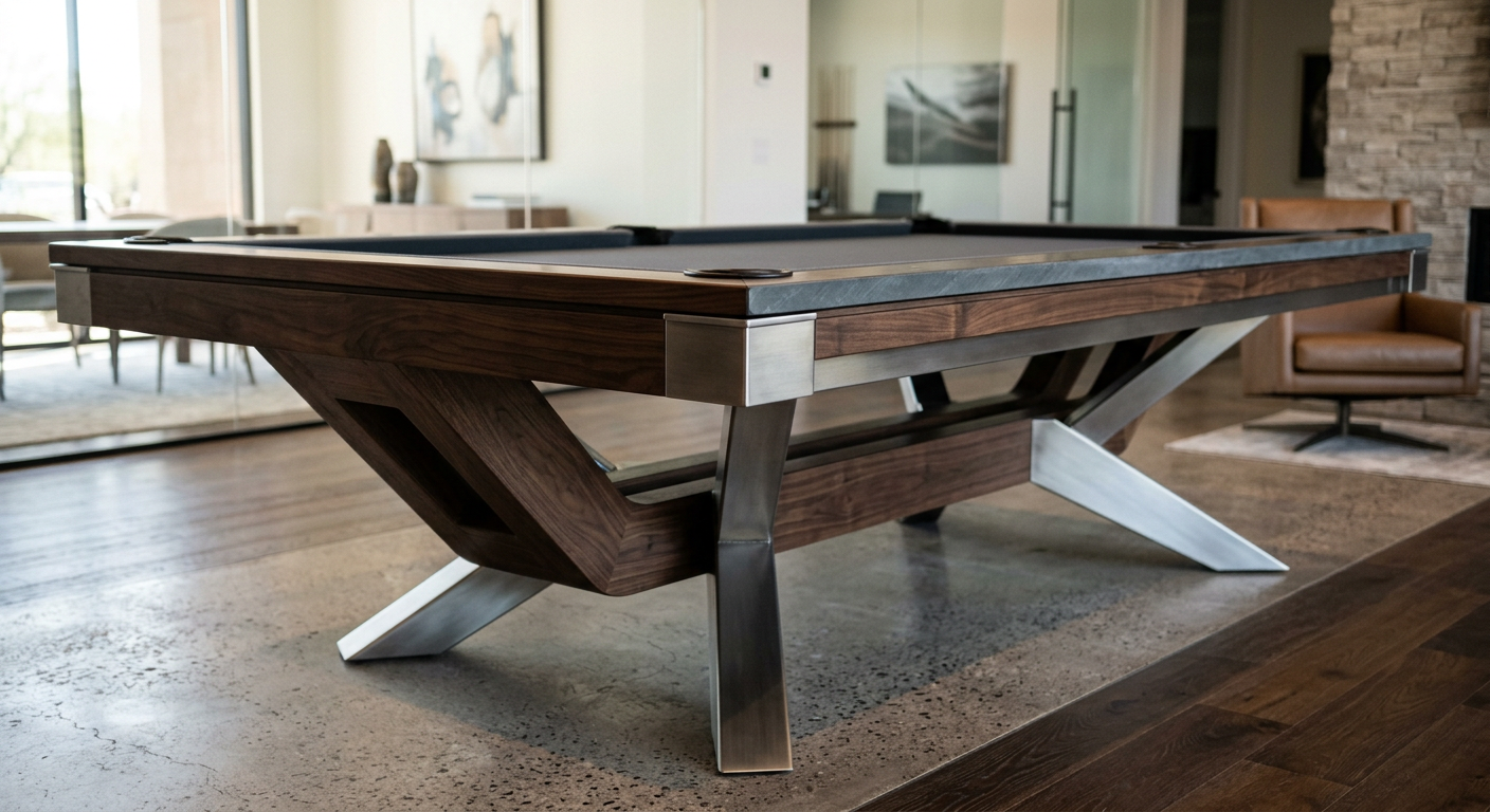 Photorealistic close-up of a Scottsdale modern pool table base showing cantilever geometry, brushed metal support, dark wa...