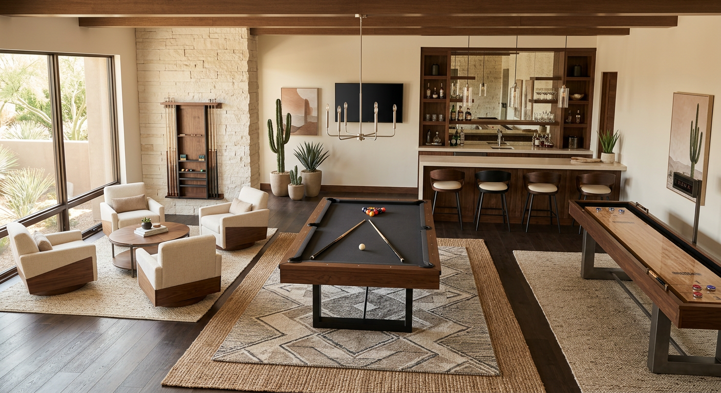 Photorealistic overhead view of a Scottsdale high-end game room furniture layout with pool table, shuffleboard, lounge cha...