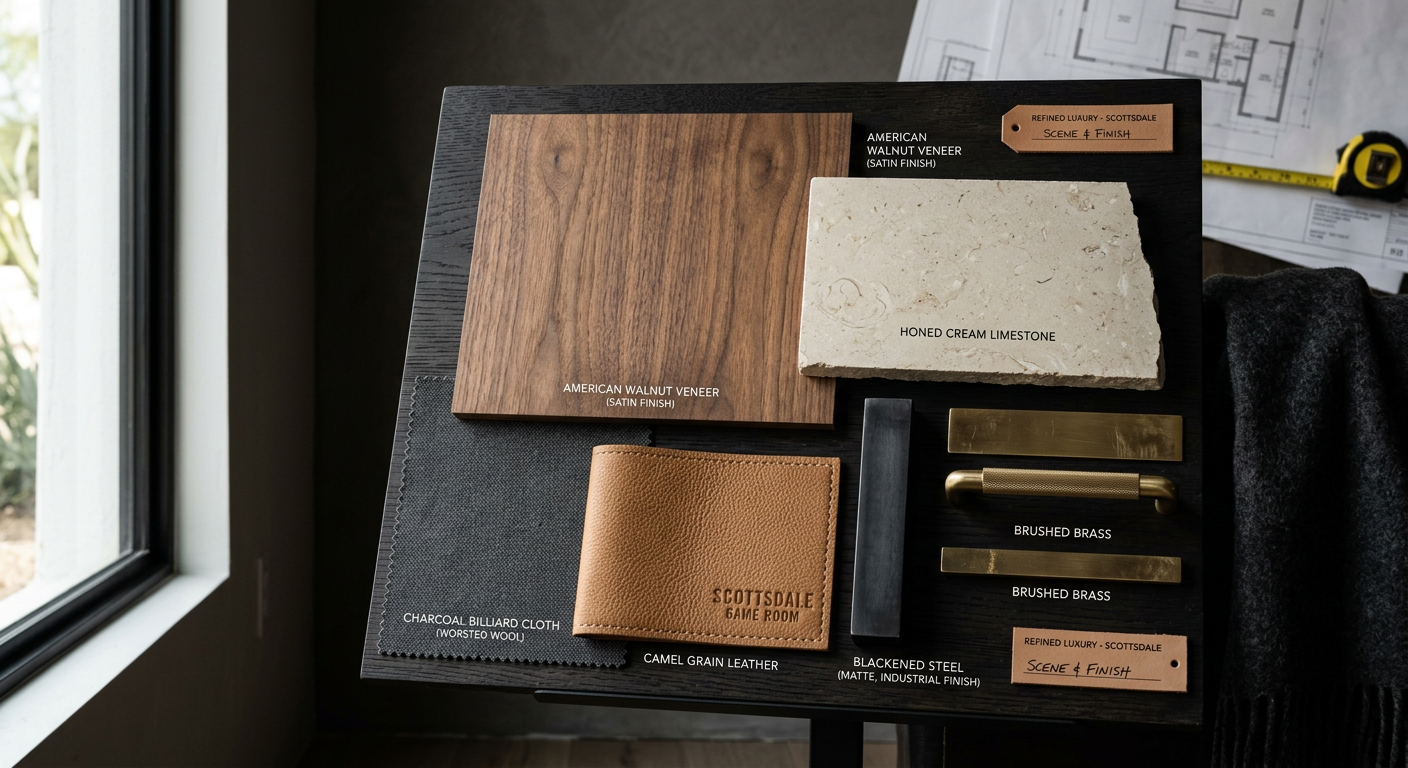 Close-up photorealistic material board for a Scottsdale luxury game room, showing walnut veneer, blackened metal, camel le...