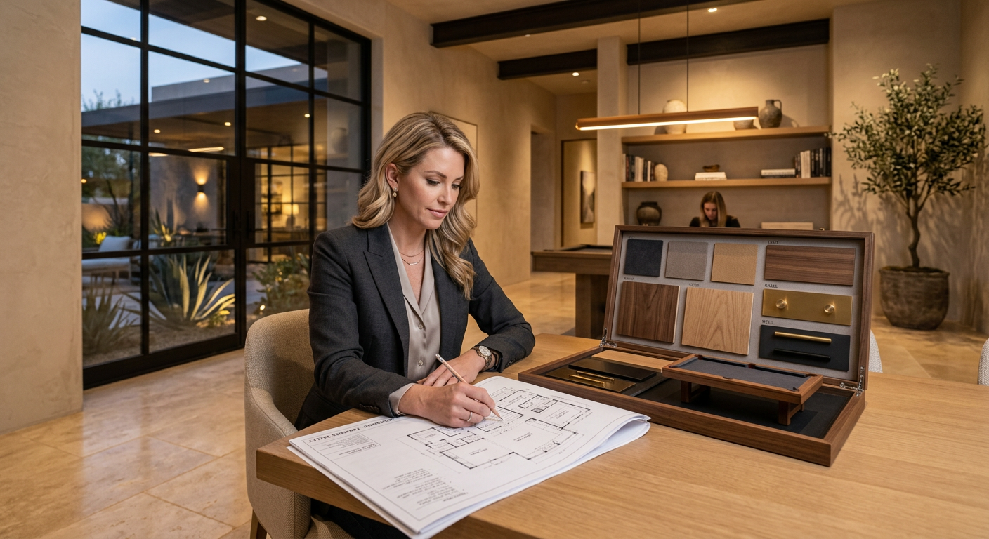 Professional Pool Table Installation Guide Scottsdale Estates | Luxury Custom Pool Tables | Brilliant Billiards Elegant in-content photorealistic scene of a Scottsdale designer reviewing floor plans beside a modern billiard table samp...
