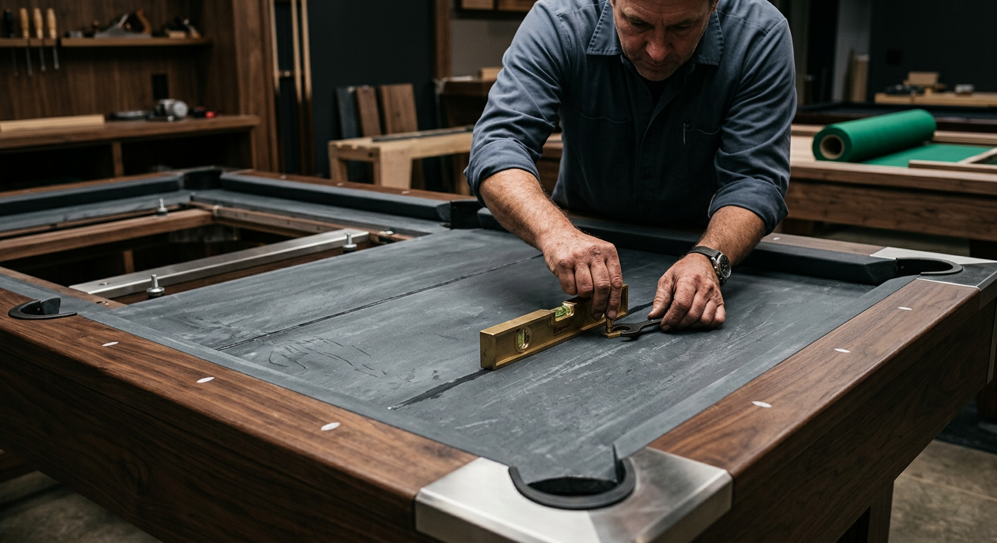 Professional Pool Table Installation Guide Scottsdale Estates | Luxury Custom Pool Tables | Brilliant Billiards Detailed close-up photorealistic view of a technician leveling three-piece slate on a luxury pool table, precision tools v...