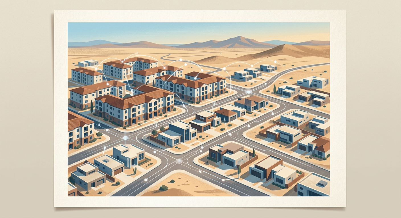Phoenix Multifamily Market Report: 2026 Buyer Signals Ahead Modern editorial illustration of Phoenix apartment buildings, single-family homes, and desert streets connected by subtle ...