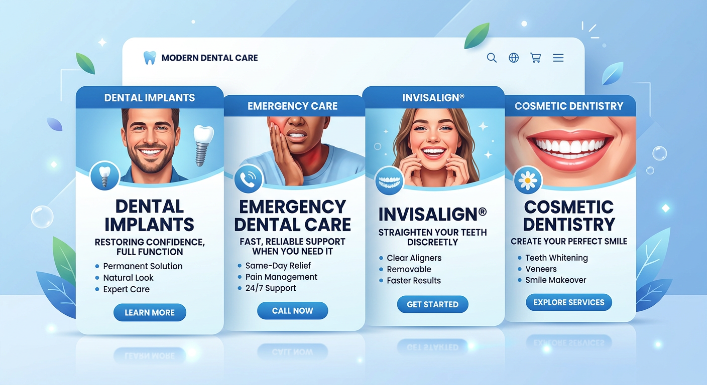 Why Is My Dental Website Not Ranking? 9 Fixes to Get Found 2 Modern illustrative scene of dental service pages represented as layered website cards for implants, emergency care, Invis...