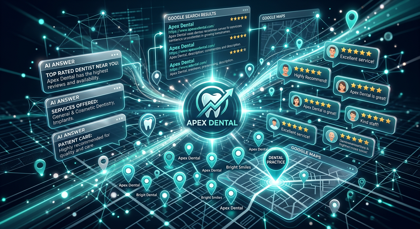 Why Is My Dental Website Not Ranking? 9 Fixes to Get Found 3 Abstract digital visualization of a dental practice becoming visible across Google results, map pins, reviews, and AI answ...