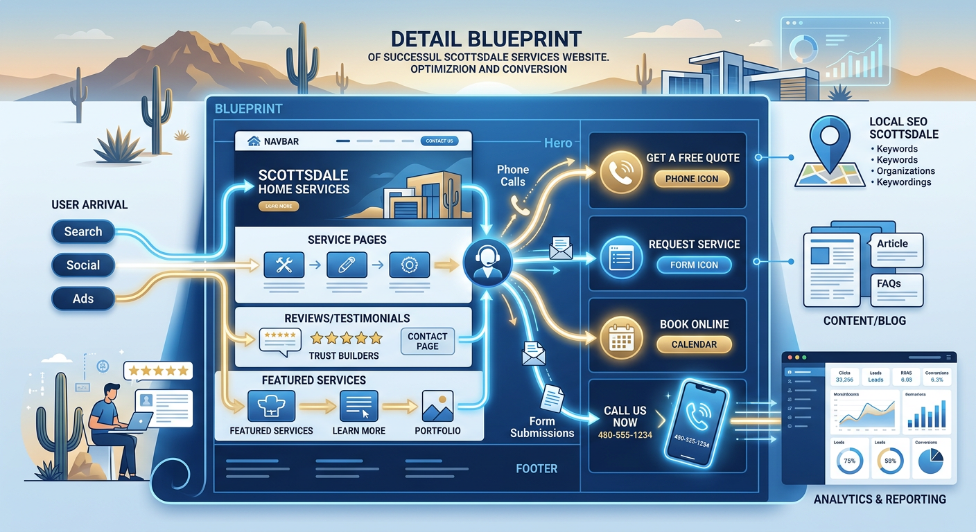 Modern illustrative scene showing a Scottsdale service business website blueprint with conversion paths, phone calls, form...