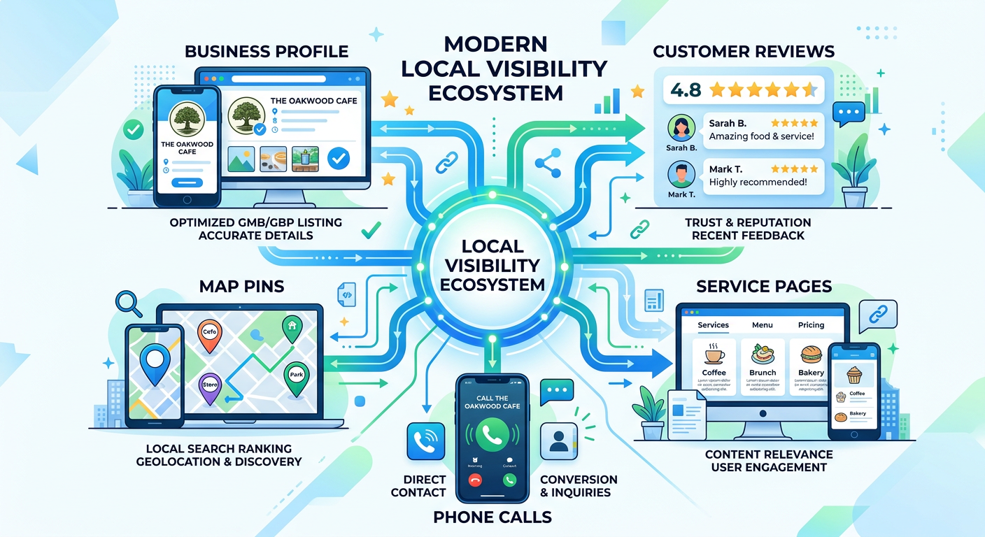 Modern illustrated local visibility ecosystem showing a business profile, customer reviews, map pins, service pages, and p...