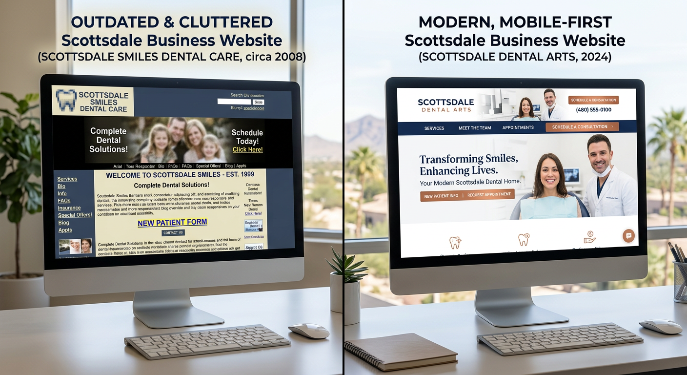 Split-screen photorealistic comparison of two Scottsdale business websites, one outdated and cluttered, one modern with cl...