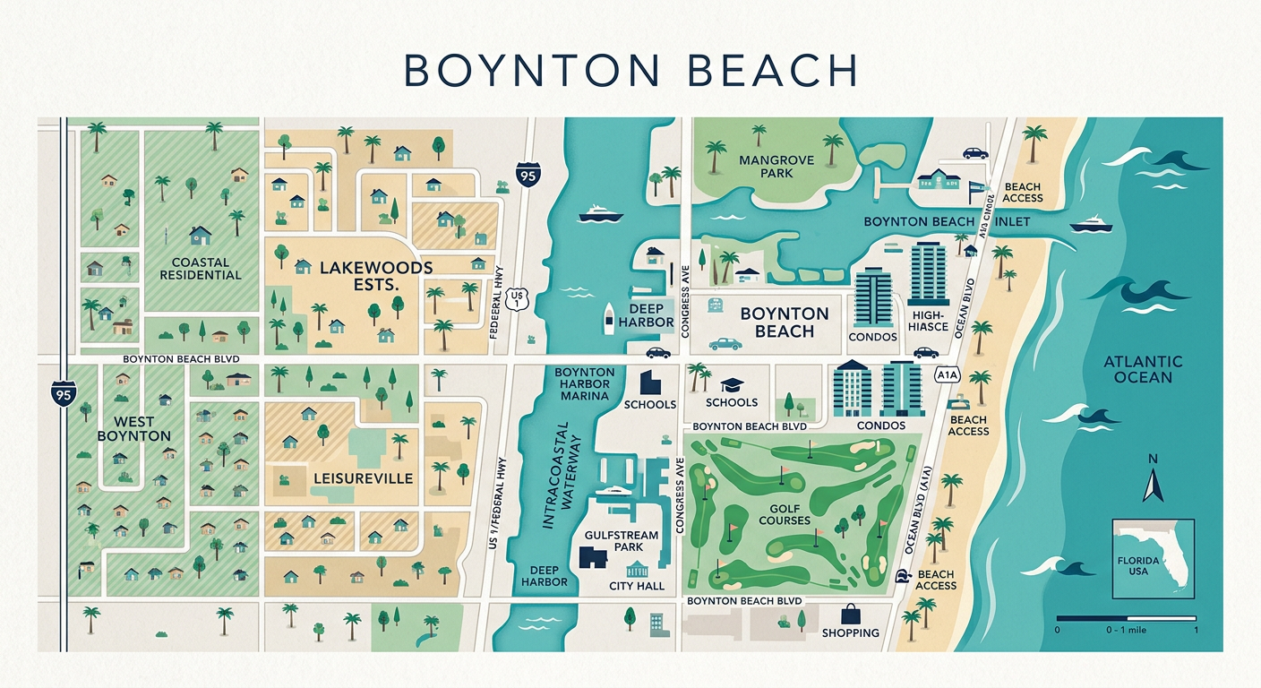 Modern editorial map-style illustration of Boynton Beach with distinct residential zones, palm trees, homes, condos, golf ...