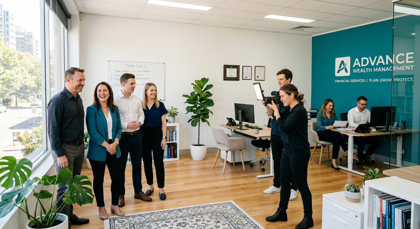 Photorealistic scene inside a polished local professional office with staff capturing updated team photos and service visu...
