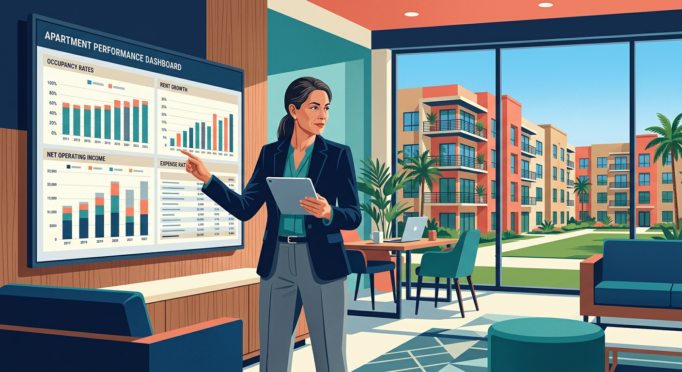 Modern editorial illustration of an asset manager reviewing apartment performance dashboards beside a South Florida multif...