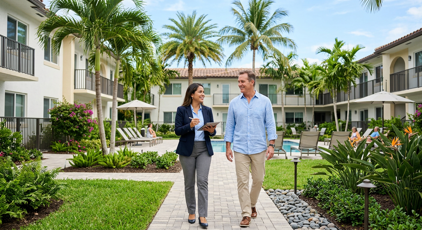 Photorealistic scene of a property manager and investor walking through a renovated apartment courtyard in South Florida, ...
