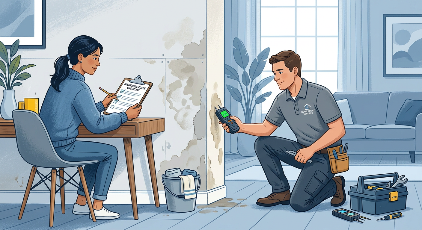 Does Homeowners Insurance Cover Burst Pipes in Aspen CO Homes | Water Damage Cleanup & Restoration Company in Aspen | Helpers Modern editorial illustration of a homeowner reviewing an insurance claim checklist beside a water-damaged wall, with a re...