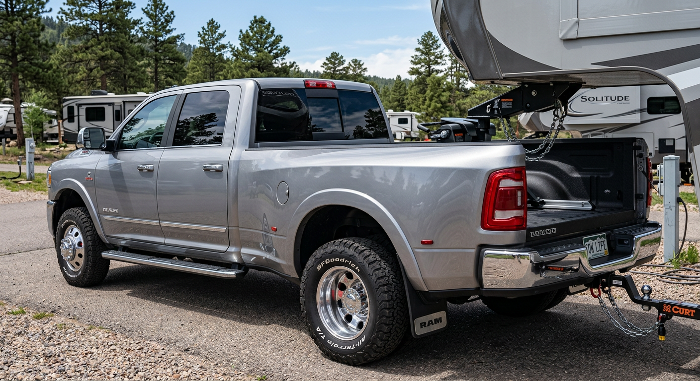 How to Get the Most Trade In Value for a Truck Before You Buy A clean Ram 3500 dually parked beside a fifth wheel trailer hitch setup, photorealistic outdoor truck detail shot, confide...