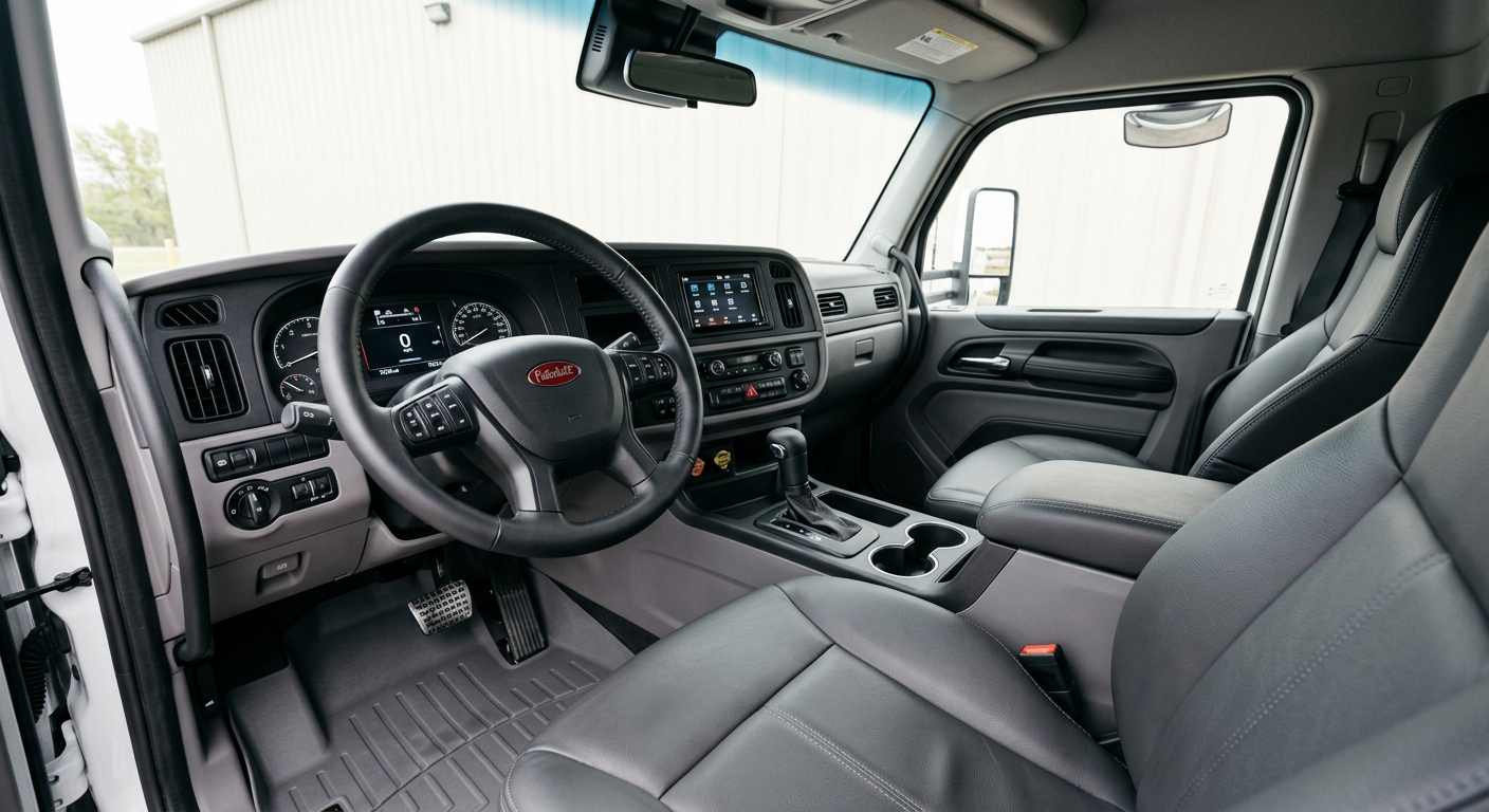 How to Get the Most Trade In Value for a Truck Before You Buy Close-up of a clean diesel truck interior with steering wheel, dashboard, leather seats, and spotless floor mats, photorea...