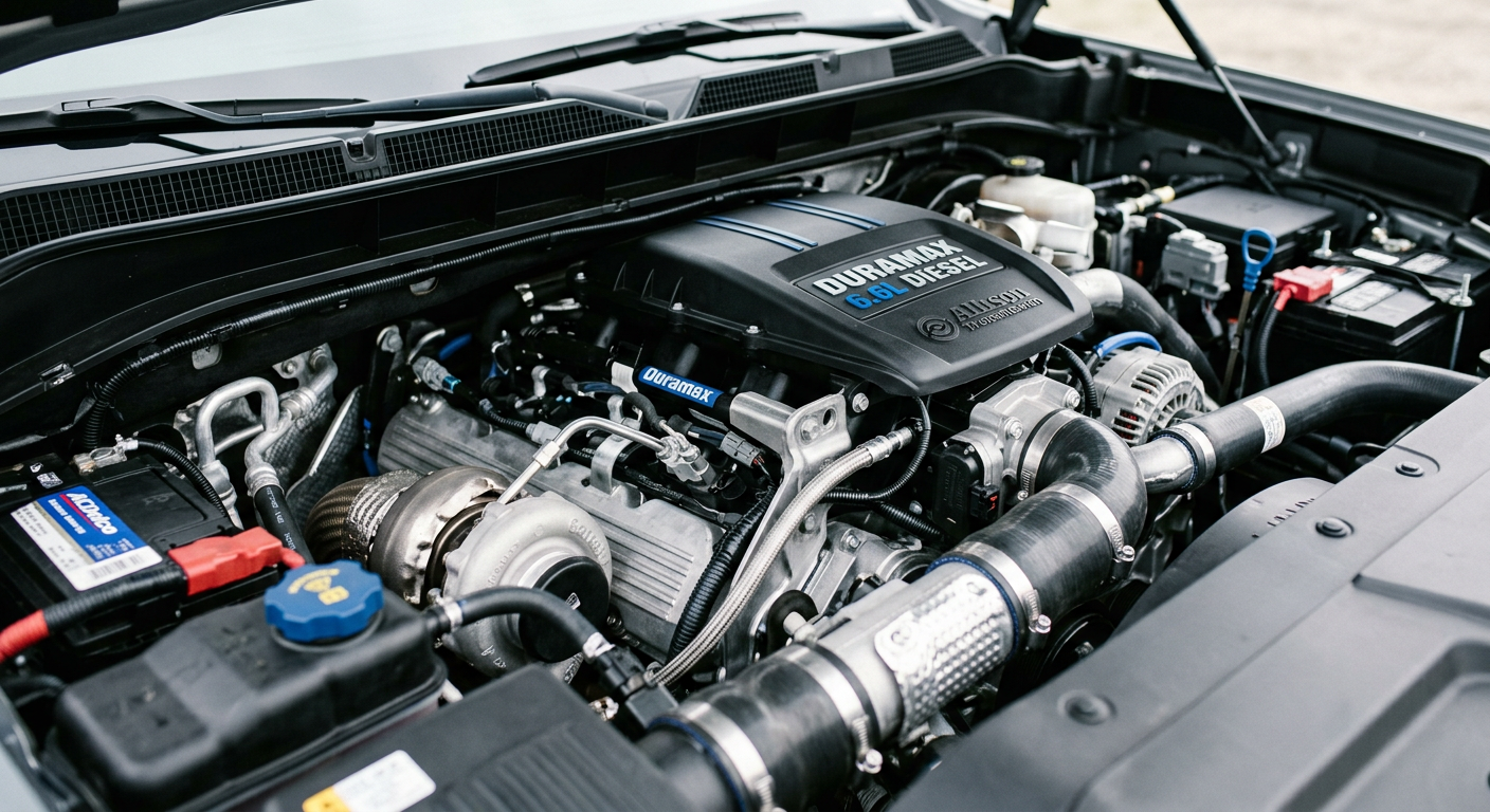 Close-up of a Duramax diesel engine bay in a heavy-duty pickup, photorealistic detail shot, clean mechanical focus, cool m...