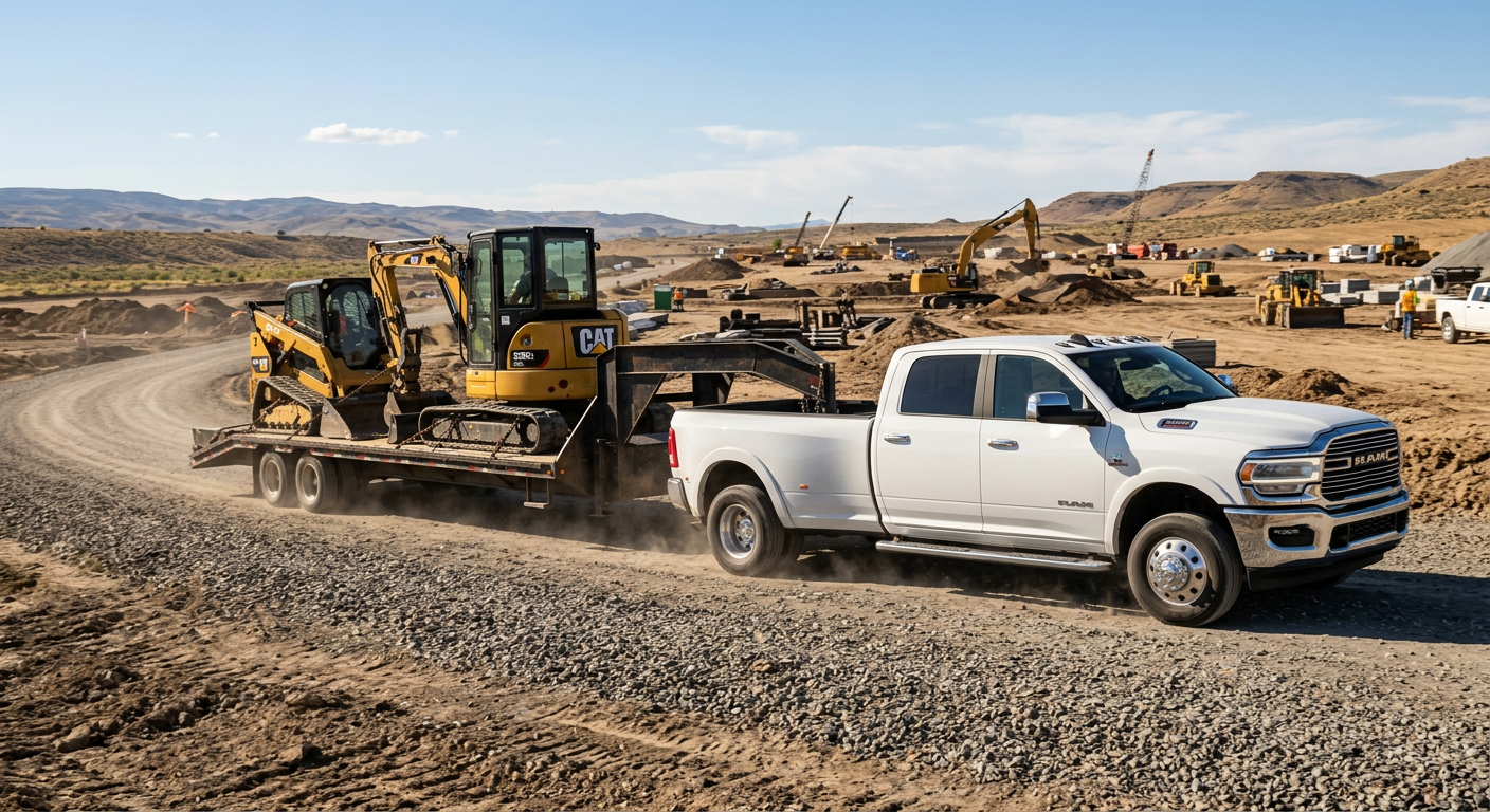 A white Ram 3500 dually towing a loaded equipment trailer on a gravel construction road, photorealistic style, clear after...