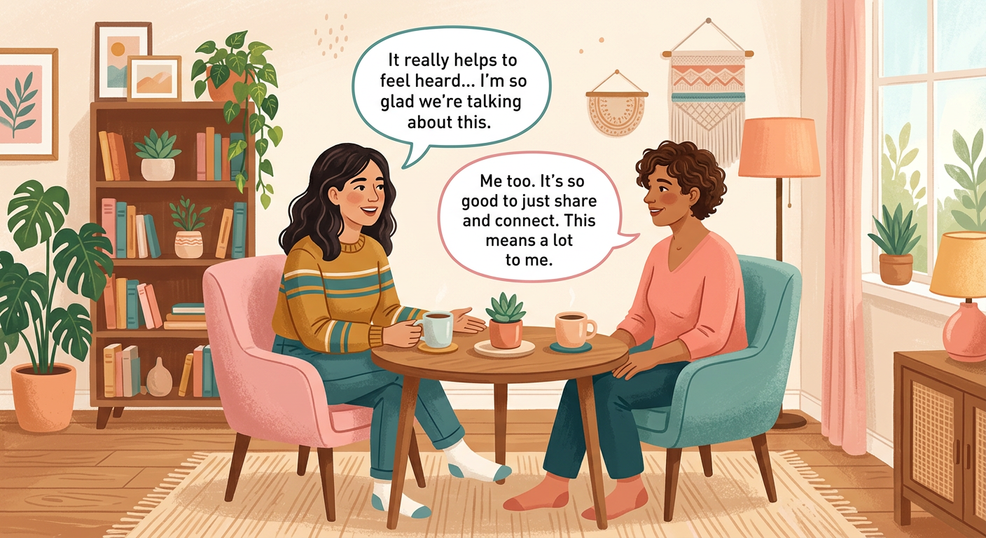 Modern editorial illustration of two adults sitting across from each other at a small table with speech bubbles, soft pink...