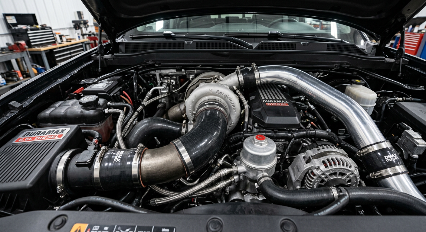 Close-up of a Duramax diesel engine bay with visible turbo piping and clean components, photorealistic style, crisp shop l...