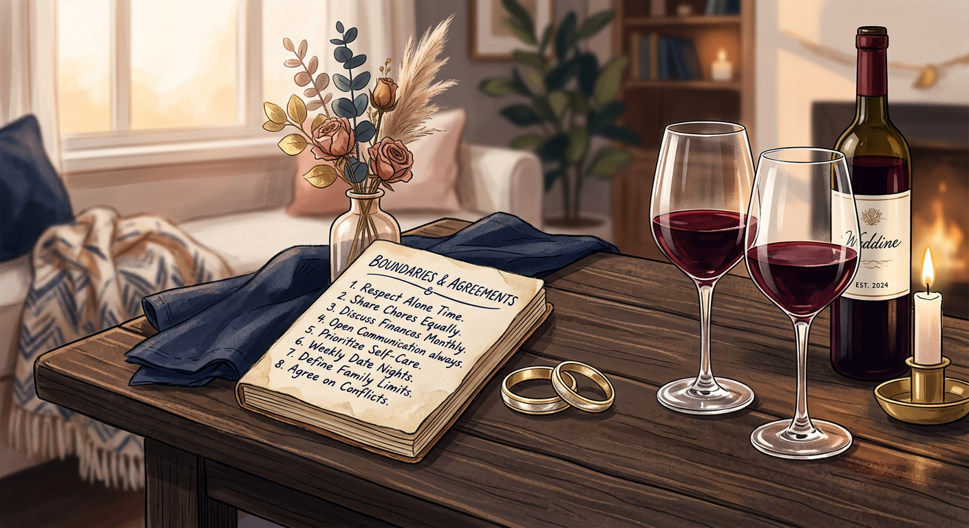 Modern editorial illustration of two wedding rings beside a handwritten boundaries checklist and two glasses of wine on a ...