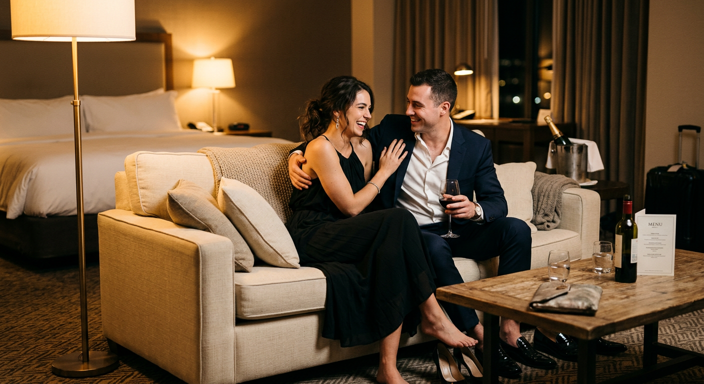 Photorealistic lifestyle scene of a couple sitting together on a hotel room sofa after an event, shoes off, laughing softl...