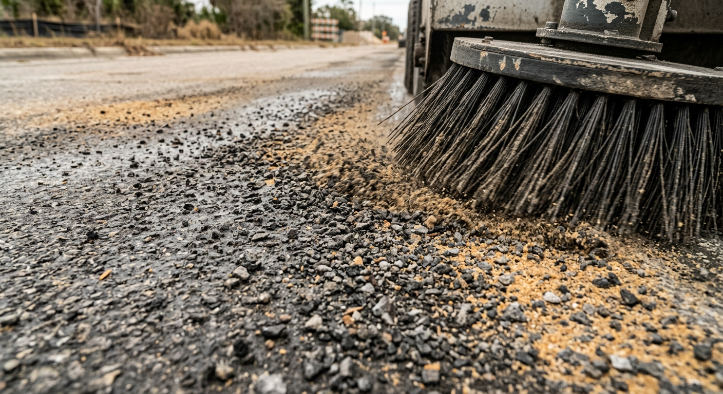 Close-up photorealistic view of unbranded mechanical broom bristles sweeping loose asphalt millings and sand from a Florid...