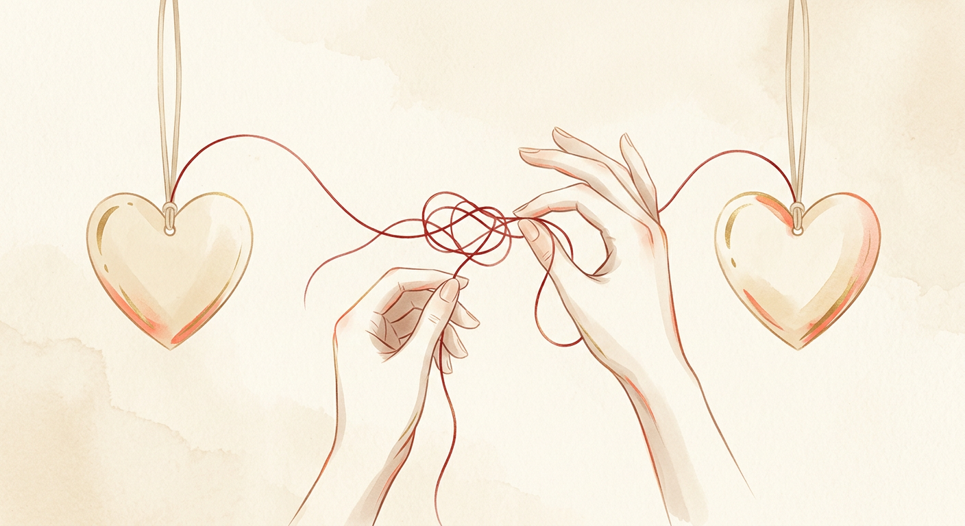 Minimalist conceptual illustration of two hands gently untangling a red thread between two hearts, warm cream background, ...