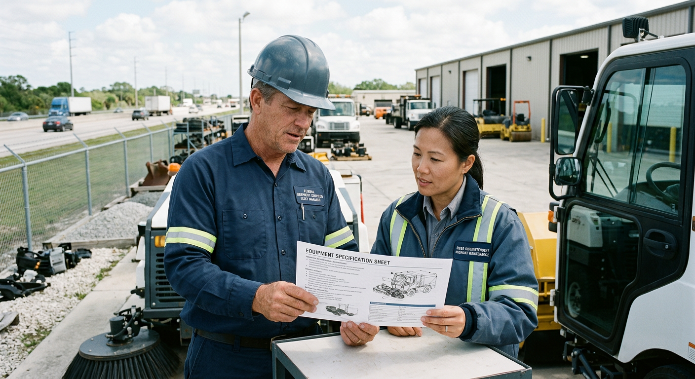 Professional editorial image of a Florida fleet manager and road superintendent reviewing an unbranded sweeper specificati...