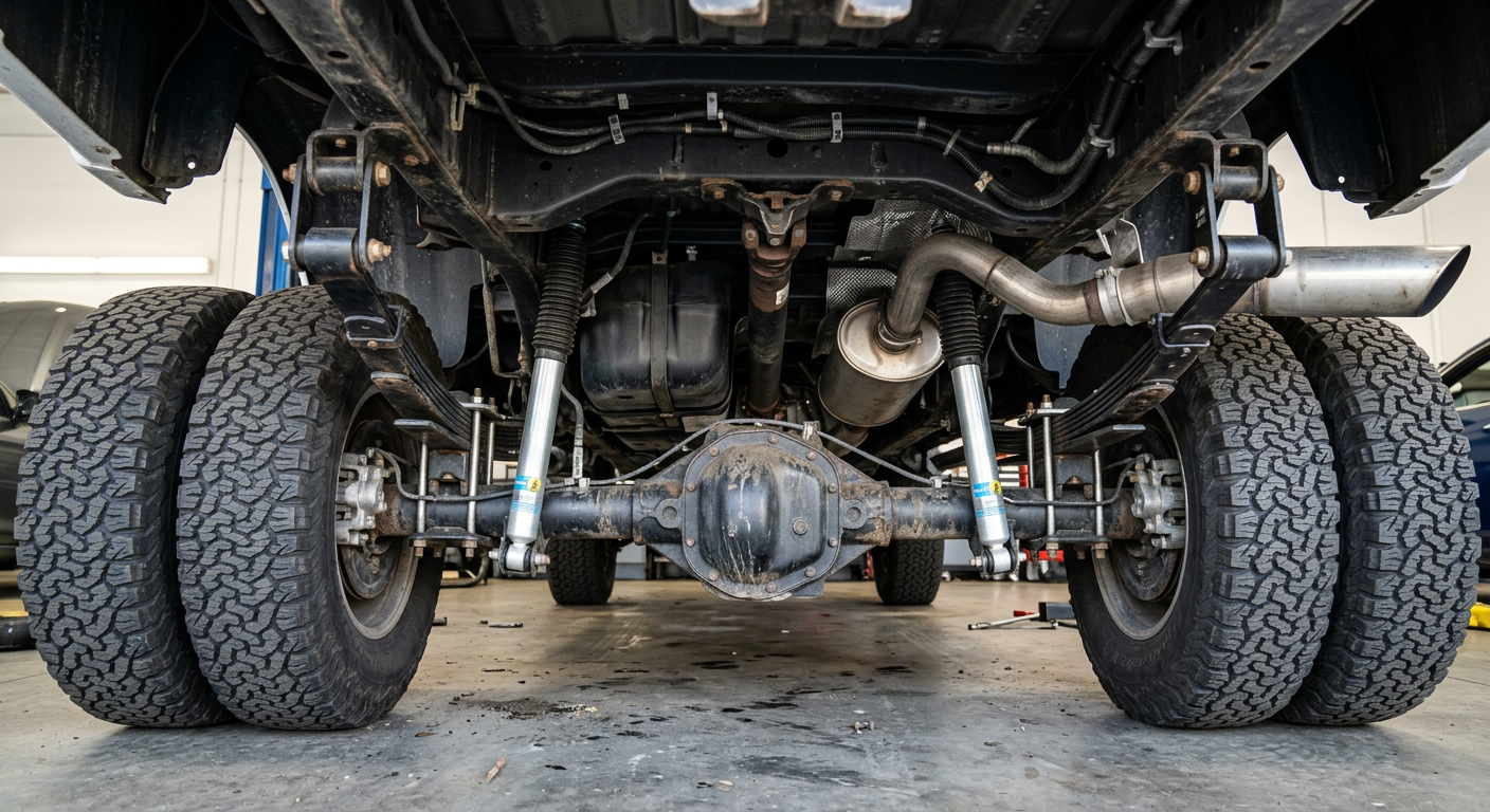Undercarriage view of a lifted Ram 3500 dually showing suspension, axle, tires, and frame rails, photorealistic inspection...
