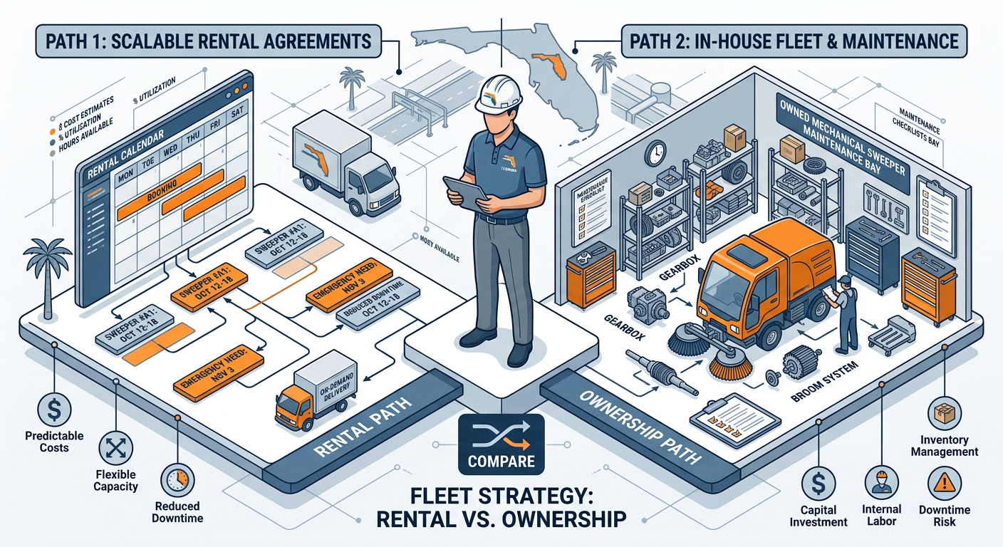 Isometric technical-style illustration of a Florida fleet manager comparing two paths, rental calendar on one side and own...
