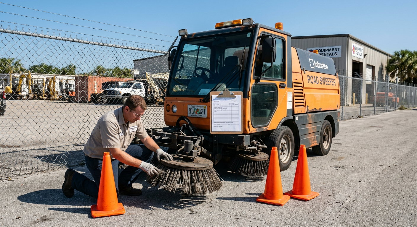 Professional in-content image showing an unbranded road sweeper parked beside a rental yard fence with cones, a clipboard,...
