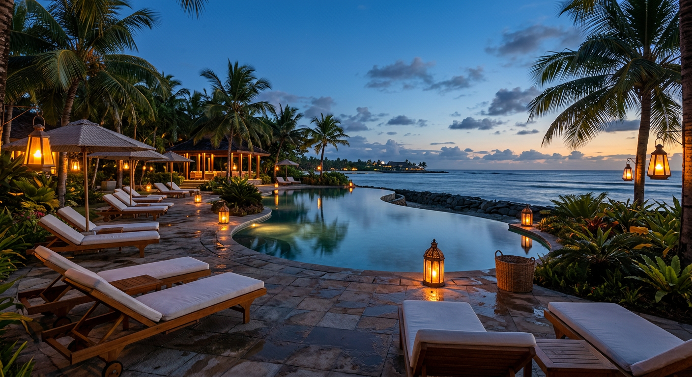 Photorealistic image of an elegant tropical resort pool at dusk with soft lantern lighting, empty loungers, palm trees, an...